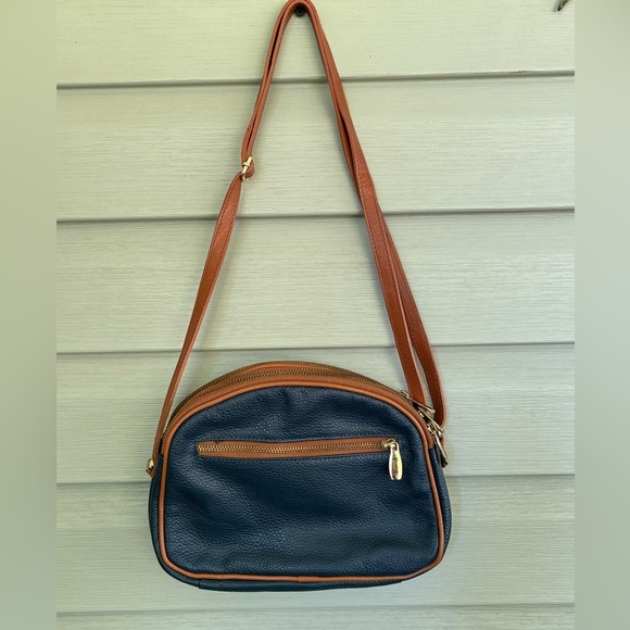 VALENTINA Genuine Leather purse Multi Zipper Crossbody Bag navy blue brown EUC - Picture 3 of 15